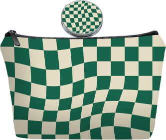 Personalized Green Checkered Travel Makeup Cosmetic Bag set with Mirror for women girls,Checkered Makeup Bag organizer kit for Travel & Daily Use