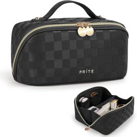 Makeup Bag for Women Travel Waterproof Vegan Leather Cosmetic Bag Open Flat Toiletry Bag With Clear Divider and Handle (Color: Plaid Black)
